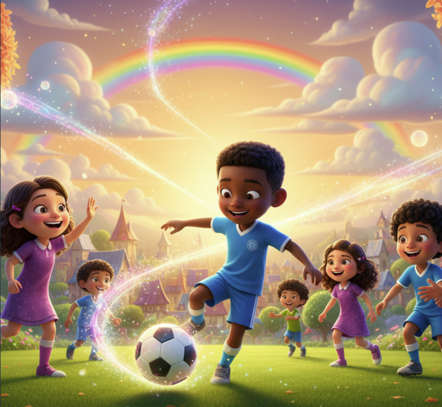 Niños jugando fútbol con magia
