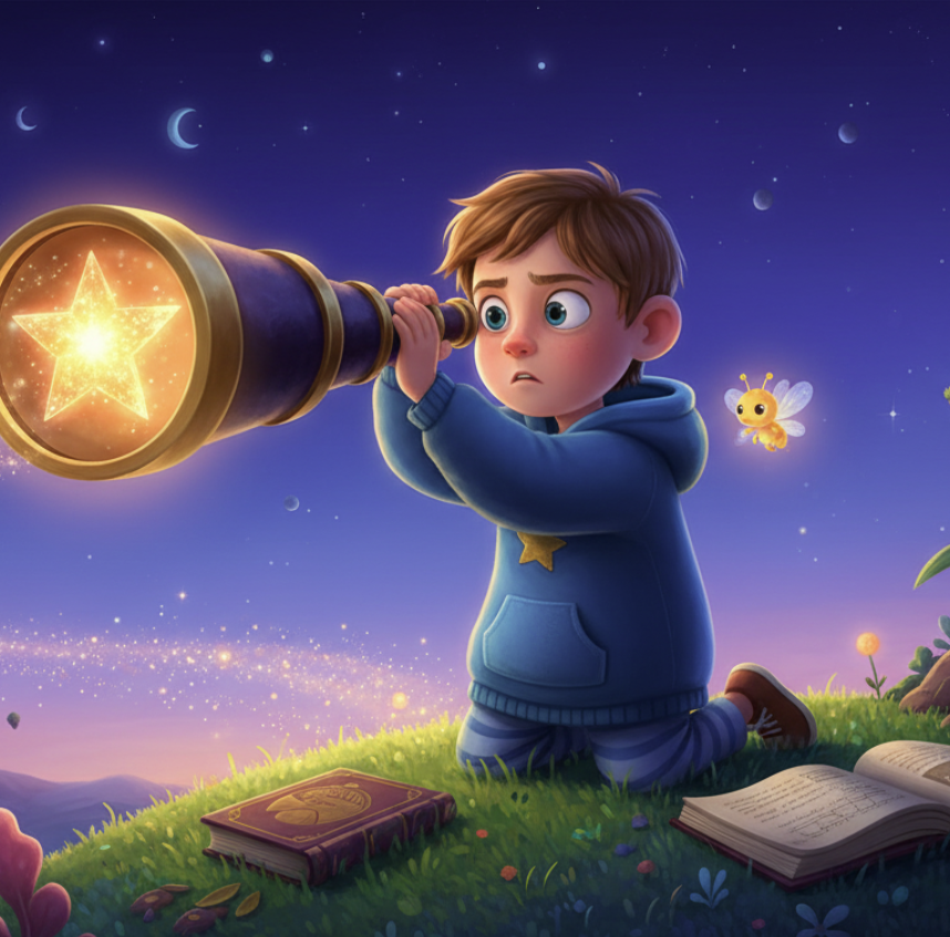 Niño con telescopio mágico