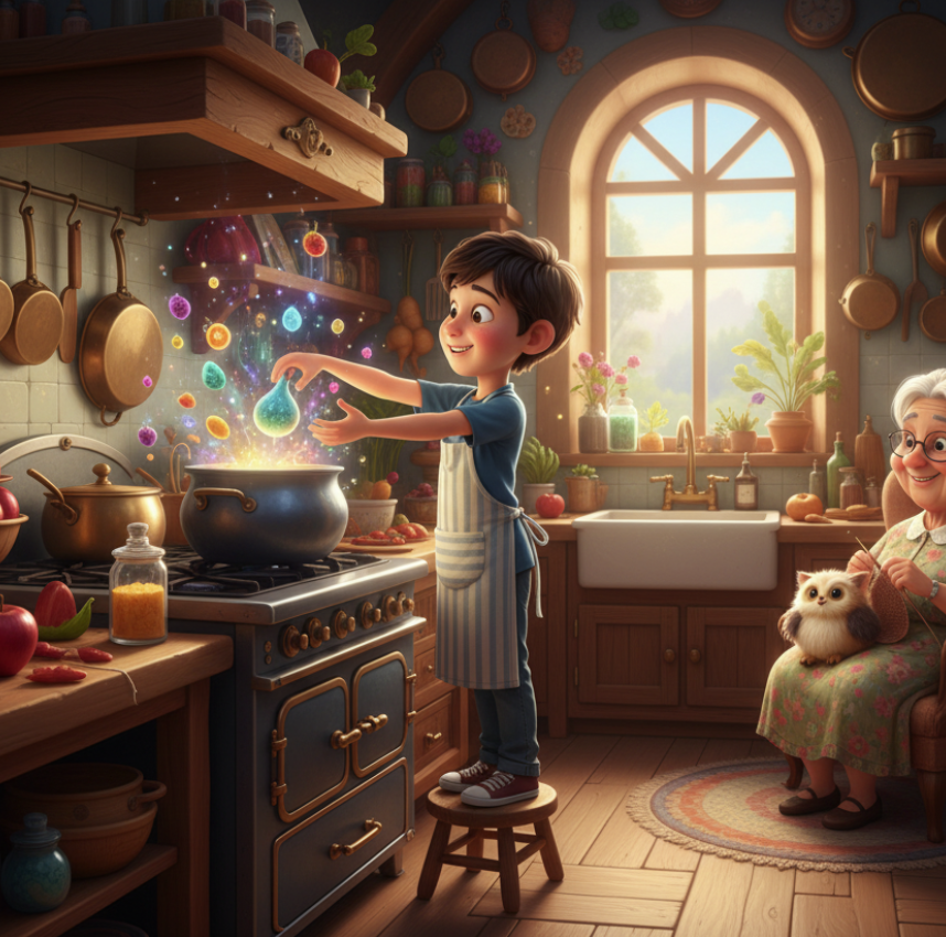 Niño cocinando con magia