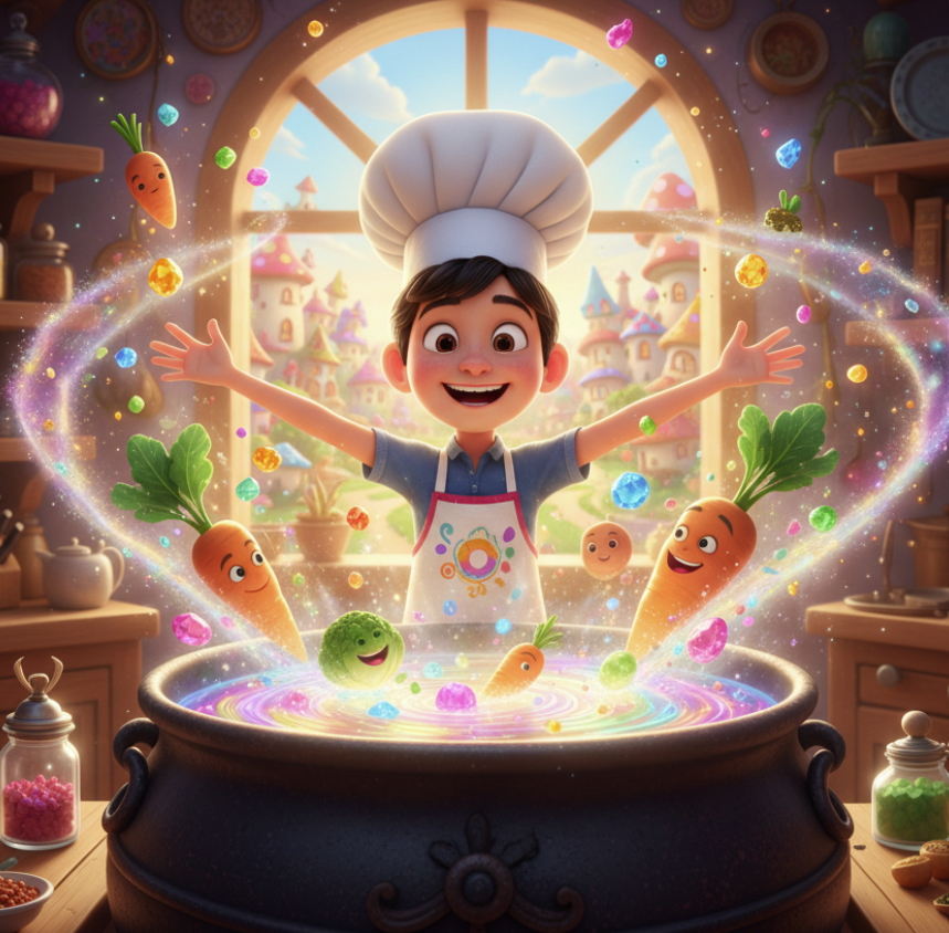 Chef niño cocinando magia