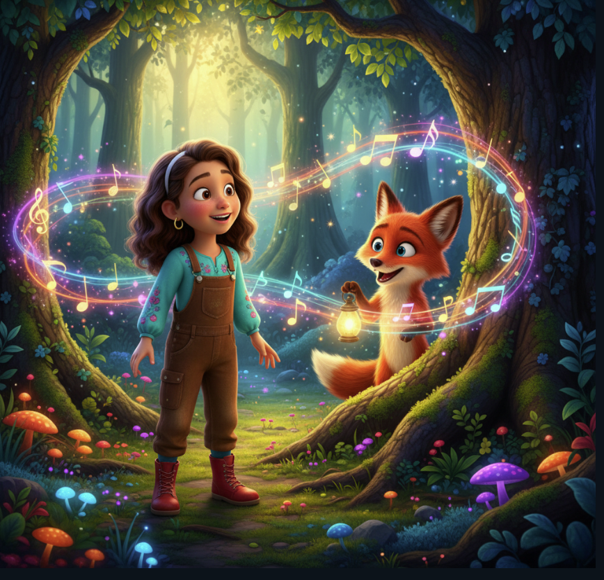 Niña con zorro en bosque musical